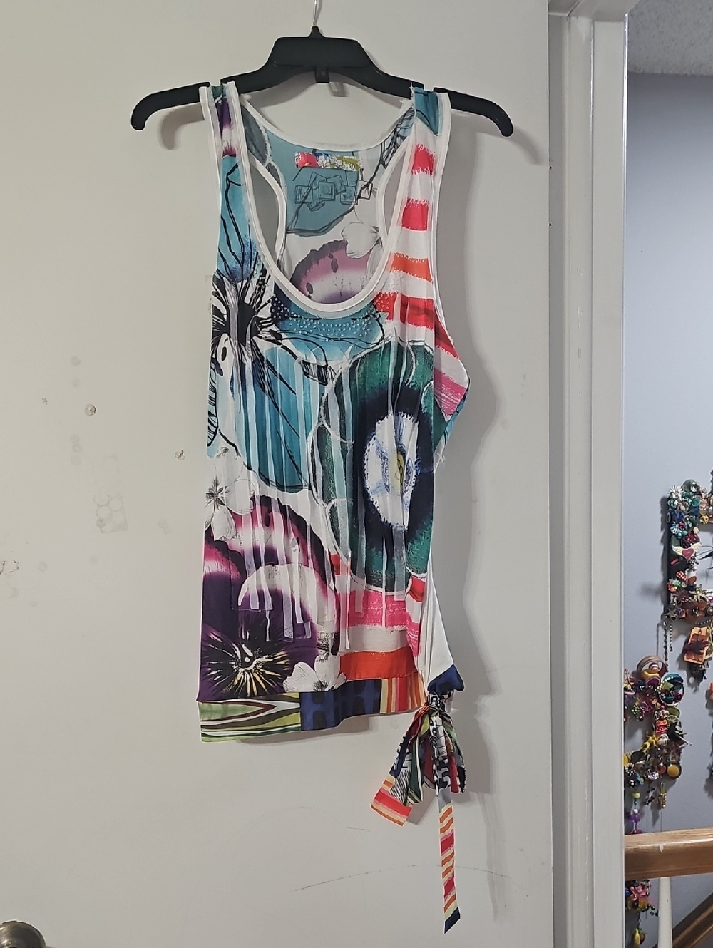 Desigual Multicolor Floral Stripe Fringe Tank Top